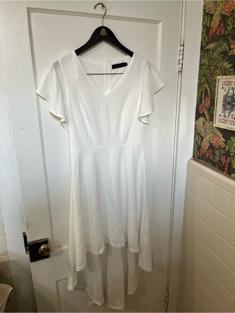 EUC Dresstells White High-Low Cocktail Dress V-Neck Flutter Sleeve Medium